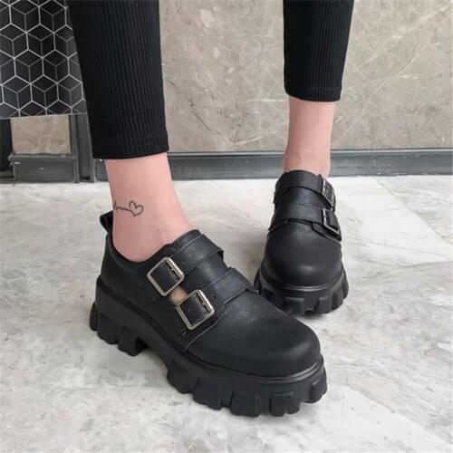 PXELENA Hot Creepers Women Shoes Large Size 34-45 Flat Platform Shoes Round Toe Buckle Punk Rock Gothic Flats Ladies Black White