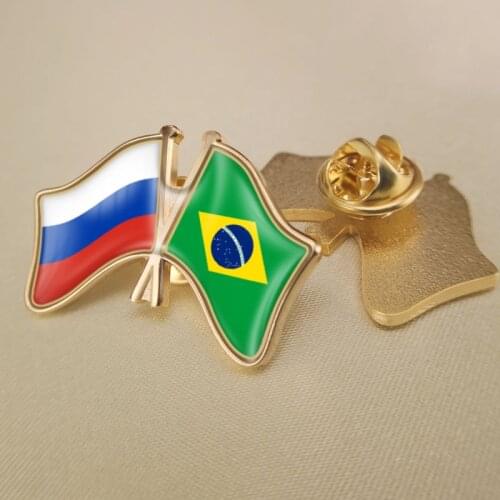 Russian Federation and Brazil Crossed Double Friendship Flags Lapel Pins Brooch Badges