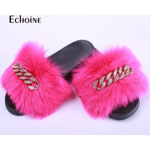 Echoine Women Fashion Shoes Imitate Fox Fur Slippers Fluffy Shiny Chain Plush Slippers Furry Fur Slides Home Beach Flat Sandals
