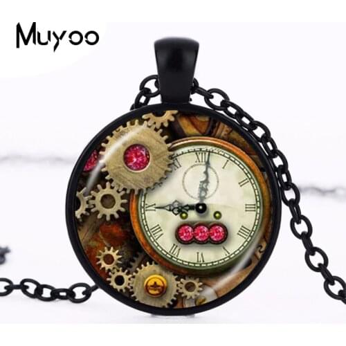 Steampunk Gear On Clock Necklace Glass Cabochon Photo Pendant Fashion Accessory for Boys Girls Women Men Handmade Jewelry HZ1