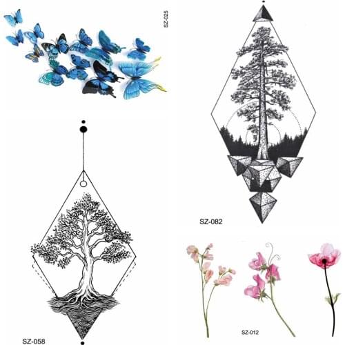 Line Geometry Pine Tree Flower Custom Temporary Tattoo Women Stickers 3D Butterfly Fake Men Tatoos Water Transfer Tattoo Cover