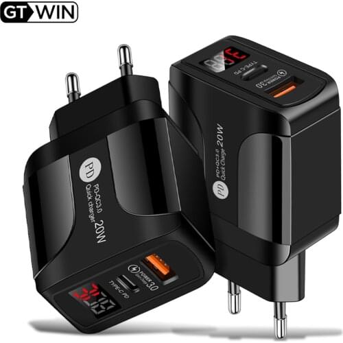 GTWIN Type-C USB Phone Charger PD20W+QC3.0 Fast Charging Portable EU US UK Power Adapter For iPhone 12 11 Pro Max Huawei Mate30