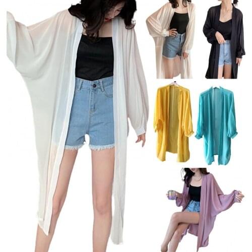 Women Summer Long Batwing Sleeve Solid Color Anti Sun Thin Cardigan Midi Coat Midi Cardigan Solid Color Thin Anti Sun Cardigan
