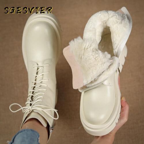 Sgesvier Genuine Natural Leather Motorcycle Goth Boots For Woman Winter Warm Wool Fur Inside Platform Snow Boots Big Size 42 41