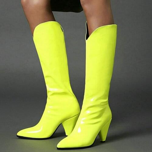 Patent PU Leather Women Knee High Boots 2020 New Autumn Winter Boots Spike High Heel Pointed Toe Women Western Boots Big Size 43