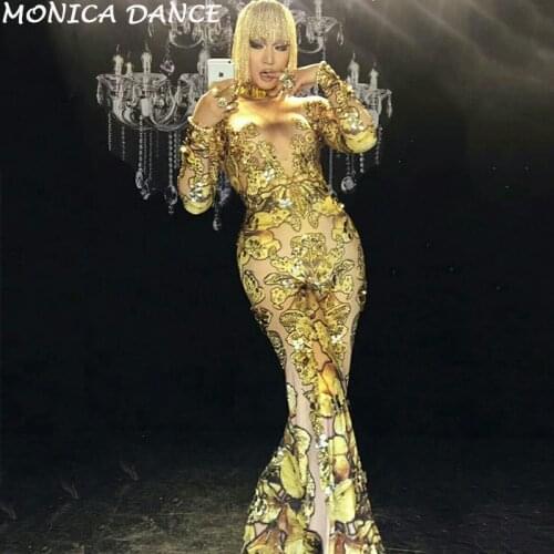 Sexy Skinny Gold Rhinestones Rompers Female Singer Dancer Big Pants Costume One-piece Bodysuit Nightclub Oufit Party Jumpsuit