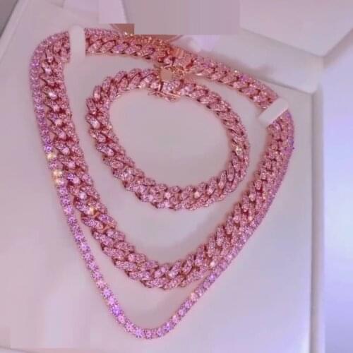 Pink girl women jewelry 9mm pink CZ cuban chain necklace bracelet fashion rose gold pinky jewelry set