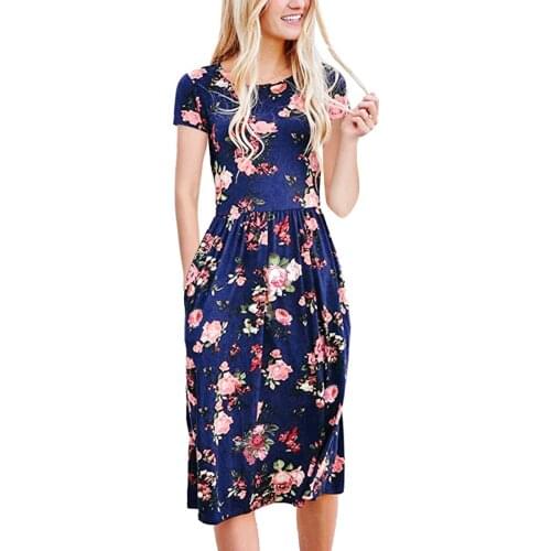 2019 New Printed Casual Floral Dress Cotton Vestido Elegant Red Ruffle Short Sleeve Elbise Casual Retro Floral Blue Flower Dress