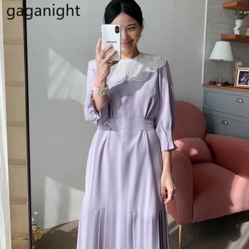 Gaganight Elegant Women Pleated Bodycon Party Maxi Dress Lace Sweet Lady Chic Korean Dresses 2020 Spring Autumn Fashion Vestidos