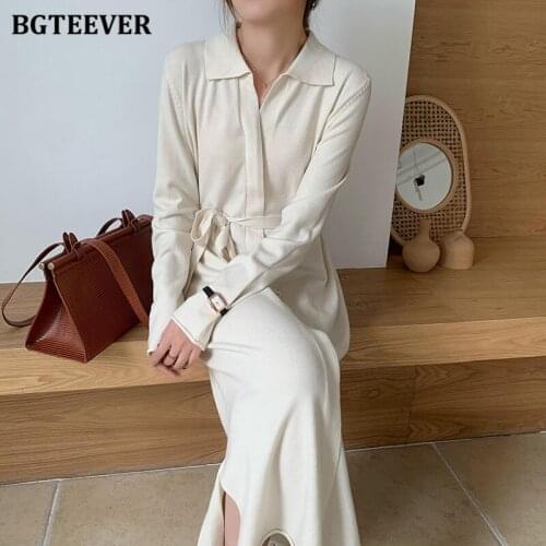 BGTEEVER Casual Turn-down Collar Women Sweater Dress Autumn Winter Full Sleeve Warm Lace-up Female Side Split Knitted Dress