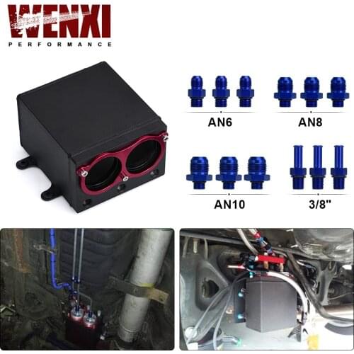 60mm Dual External 044 Fuel Pump Tank Racing Black Billet Aluminium Oil catch Can Dual Port Fuel Surge Tank