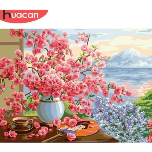 HUACAN 5D Diy Diamond Painting Vase Of Cherry Blossoms Diamond Mosaic Window Landscape Rhinestones Picture Home Decor