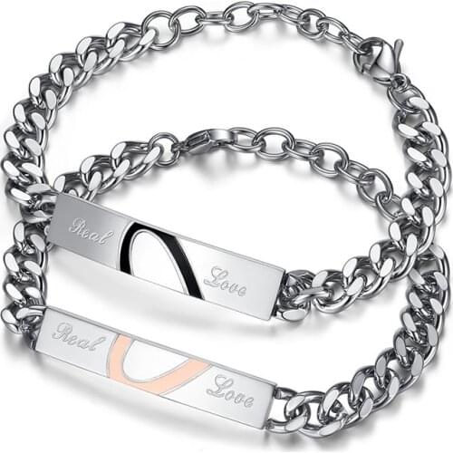 1 combo stainless silver color heart shape puzzle bracelets link chain bangles for women men lovers