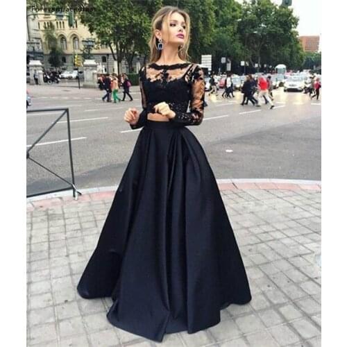 Black Lace Two Piece Evening Dress A Line Long Sleeves Party Gown