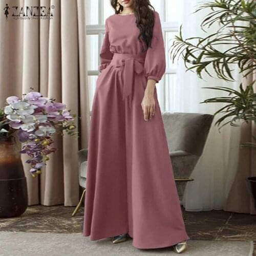 ZANZEA 2021 Elegant Solid Maxi Dress Womens Spring Sundress Puff Sleeve Maxi Vestidos Belt Female Casual O Neck Robe Plus Size