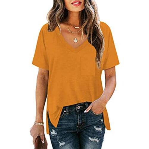 Hot Sale Solid Color Pockets With Split Hem Cotton Polyester T-shirt Summer Women Casual V-Neck Short Sleeve Pullover Tops Tees