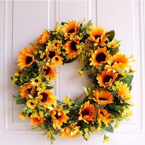 Artificial Sunflowers Wreath Door Hanging Flower Wreath With Yellow Sunflower And Green Leaves for Wall Window Home Party Decor