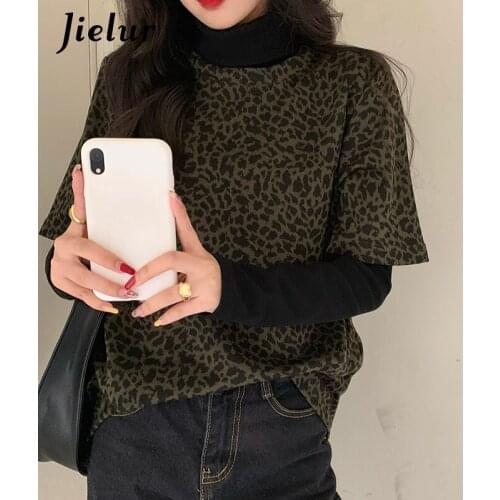 Jielur Casual Womens T-shirt Leopard Street Tees Short Sleeve T shirts O-Neck S-L BF Kpop Tops Tshirts for Woman Fashion 2021