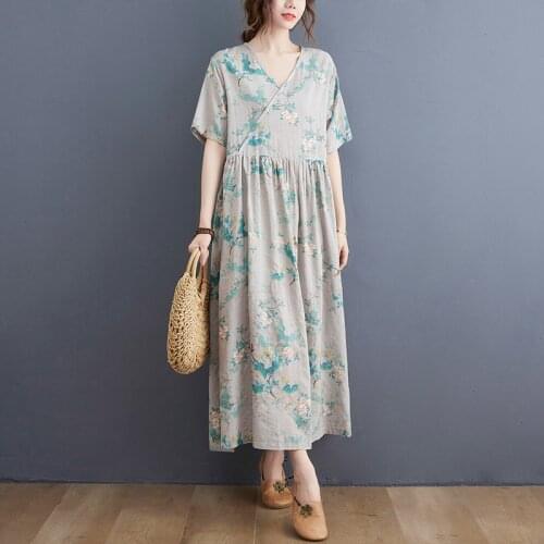 Johnature Women Cottton Vintage Dresses V-Neck Short Sleeve Print Floral Dress 2021 Summer New Sweet Style Loose Soft Long Dress