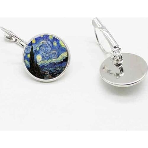 Classic Van Gogh Landscape Oil Painting Art Popular Crystal Glass Ear Hook Earrings Jewelry Accessories