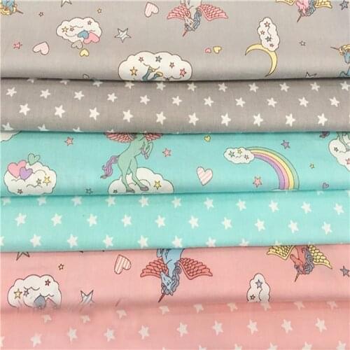 Beautiful 40x50cm Pink Grey Blue Cartoon Horse Lucky Unicorn & Fivestar Printed Cotton Fabric Bundle For DIY sewing Doll Cloth