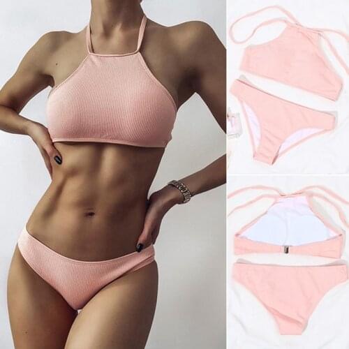 Hot kf-Bikini Set Swimsuits Ribbed Swimwear Women Solid Pink Biquini Beachwear Sexy Strap Bikinis Bathing Suits