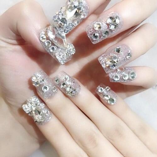 False Nails Chic Exquisite Glossy Rhinestone Bridal Fake Nails Full Cover Nail Tips with Glue for Nail Art
