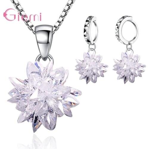 Real 925 Sterling Silver Trendy Particular 5A Crystal Ice Flower Pendant Drop Earrings Jewelry Sets For Girls Woman Party Gifts