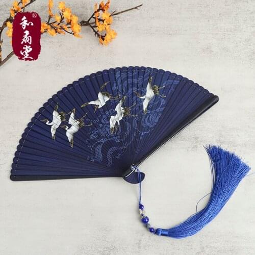 Cloud auspicious crane Chinese style classical bamboo fan Japanese Hanfu ancient style folding fan womens Retro hollow