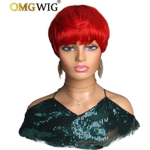 Wholesale Short Piexie Cut Human Hair Wigs For Women No Lace Front Full Machine Red Colored Bob Wig With Bangs For Party Cosplay