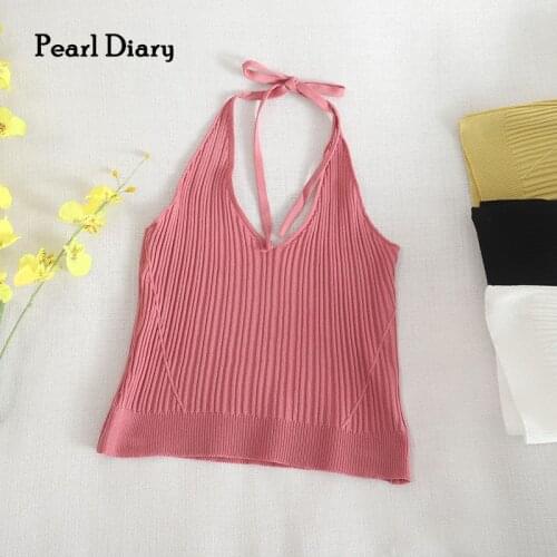 Pearl Diary Women Halter Neck V Neck Sexy Tops Bow Tied Back Skinny Crop Tops Backless Beachwear Solid Color Nice Cute Rib Tops