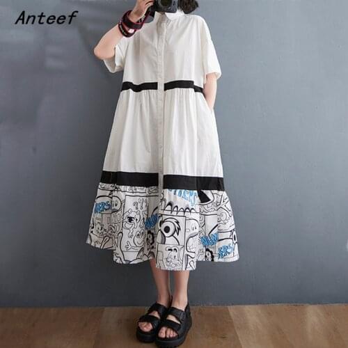 Short sleeve cotton vintage print dresses for women casual loose long woman summer shirt dress elegant clothes