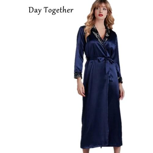 Silk Long Sleeve Pajamas Women Satin Kimono Bridal Wedding Bathrobe Lingerie Robes Womens Long Morning Gowns Lace Bathrobe