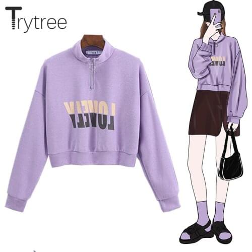 Trytree 2020 Spring Autumn Casual Letter Womens Sweatshirts Zip Collar Drop-shoulder T-shirt Streetwear Short Tops for Women