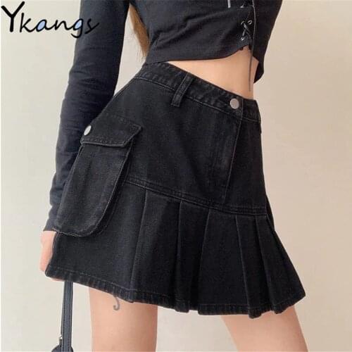 Vintage Goth High Waist Jean Mini Skirts Y2K Aesthetics Black Denim Pleated Skirts With Big Pockets Punk Style E-Girl Outfits
