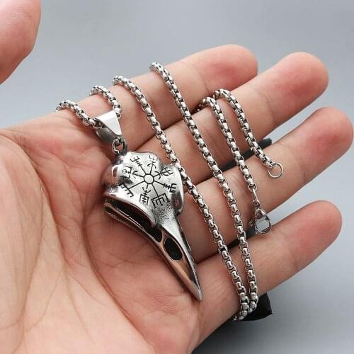 Vintage Stainless Steel Viking Awe Helmet Necklace Stainless Steel Men Nordic Odin Crow Skull Compass Pendant Necklace Jewelry