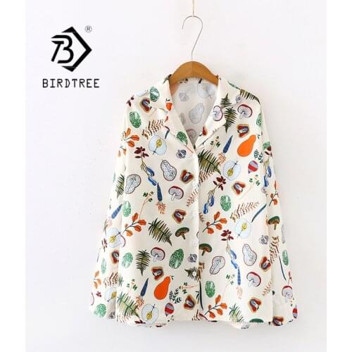 New Arrival Fruit and Vegetable Print Notched Lapel Oversize Chiffon Blouse Button Up Apricot Casual Chic Shirts Feminina Blusa