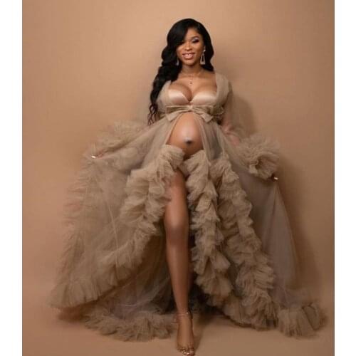 Khaki Fluffy Tulle Robes Sheer Long Women Maternity Dressing Gowns Tiered Ruffles Party Beach Birthday Tulle Jackets