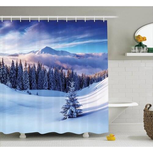 Winter Decorations Shower Curtains Surreal Winter Scenery with High Mountain Peaks and Snowy Pine Trees Bathroom Curtain Mat