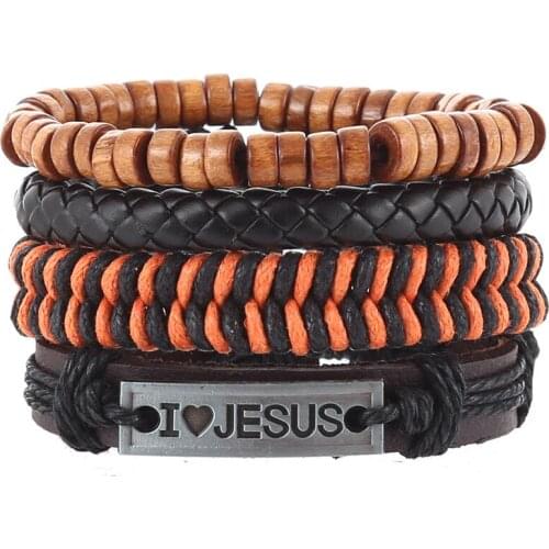 4pcs/set DANKAISHI hippie punk dark brown black leather i love jesus tag charm yellowcord knots wood beads layers man bracelet