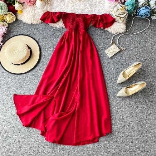 Bohemian Vintage 2021 sexy off shoulder mixi long Dress Summer slim Party split dress Women elegant tunic beach holiday Dress