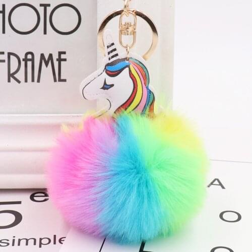Fur Pom Pom Unicorn Keychain Fluffy Fake Rabbit Hair Keychain Porte Clef Pompon Girl Fourrure PU Leather Womens Keyring Gift