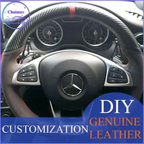 DIY For Mercedes Benz S Class S500 2016 / A Class AMG A45 16-19 Hand Stitch Car Steering Wheel Cover Carbon Fiber Leather Holder