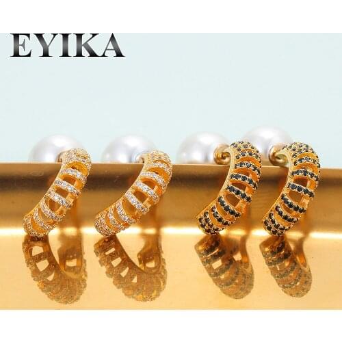EYIKA Trendy Geometric C Shape Hollow Stud Earrings for Women Accessories Full Black White Zircon Pearl Pendientes Charm Jewelry