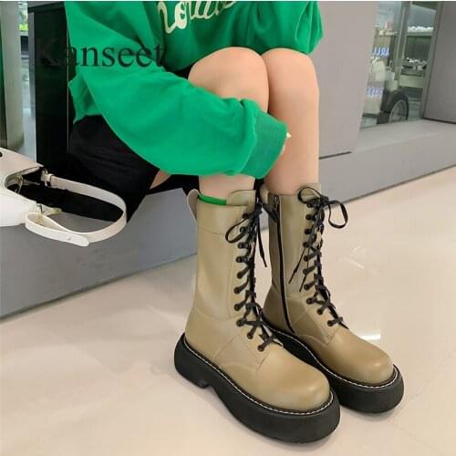 Kanseet New 2021 Autumn Womens Boots Zipper Design Black Genuine Leather Round Toe Mid-Calf Riding Boots Chunky Heels Boots