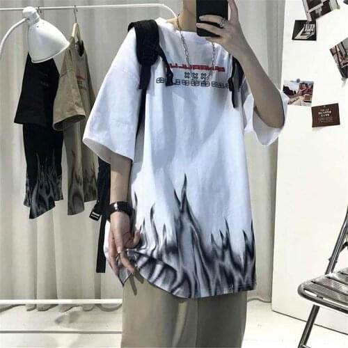 Cool Flame T Shirt Long Sleeve Harajuku Funny T Shirts Fashion Tees Streetwear Japan High Street Cool White Shirt