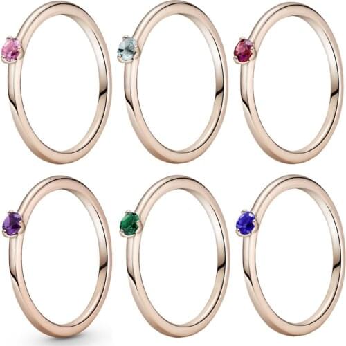 925 Sterling Silver Ring Rose Heart Shape Solitaire Rings With Colorful Crystal Stack Rings For Women Gift Fashion Fine Jewelry