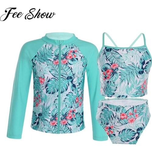 3Pcs Kids Girls Swimsuit Swimming Suits Straps Tops with Briefs and Long Sleeve Zipper Coat Set Beachwear Swimwear Bathing Suits