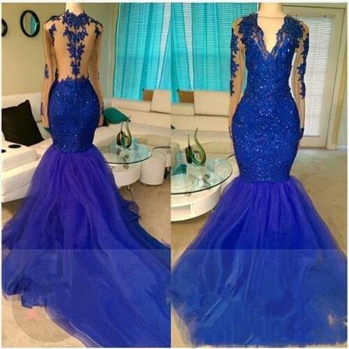 Real Shinny Royal Blue Mermaid Prom Dresses Sexy Illusion Long Sleeves Sheer Backless Appliqued Sequined Long Tulle Party Dress
