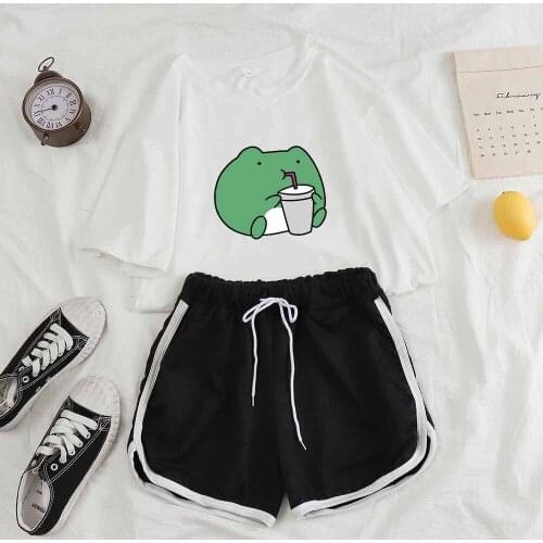 Nightwear Women Set Sleepwear Pajamas Set Female Shorts Sleepwear Women Cute Casual Shorts Fashion 2021 Frog Print Korean Style